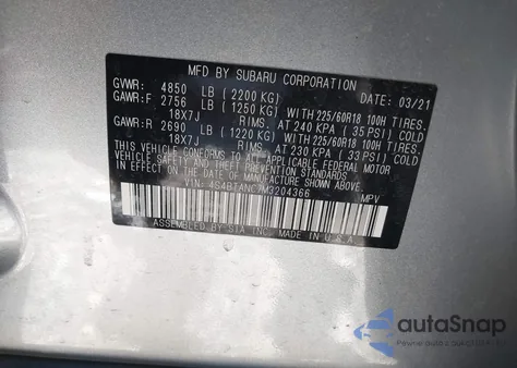 2021 Subaru Outback Limited из США, поврежденный, VIN 4S4BTANC7M3204366